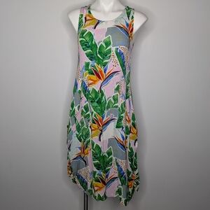 Kaktus Green Pink Tropical Bird Of Paradise Flower Floral Sleeveless Dress S